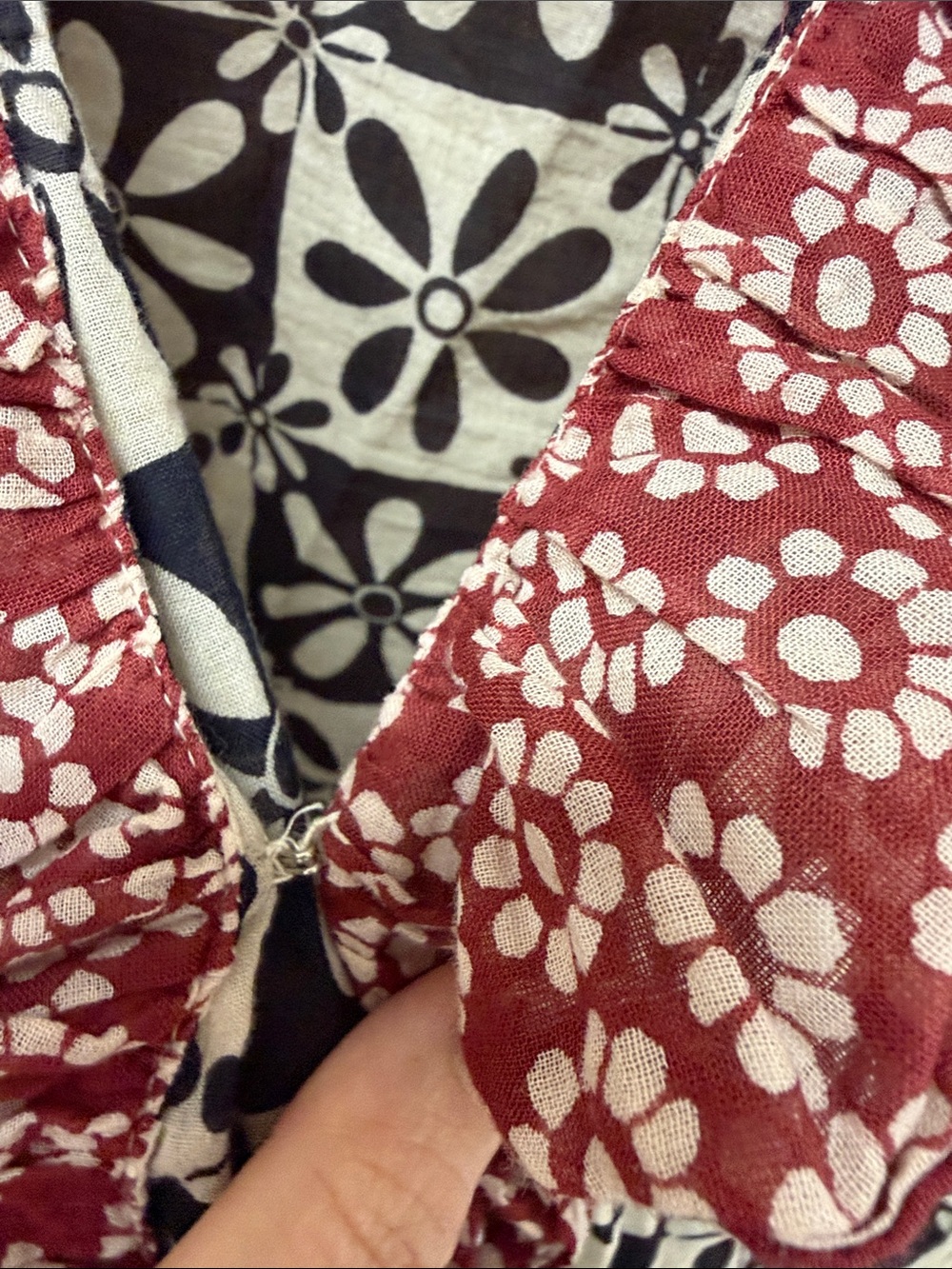 Free People Black & White Floral Ruffle-Trim Blouse with Burgundy Accents - Picture 6 of 10